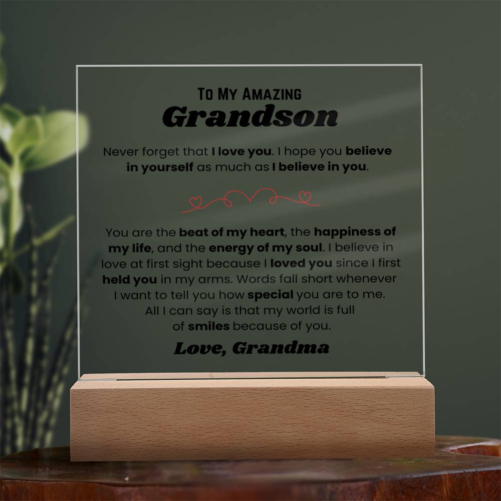 To My Amazing Grandson - My World - Square Acrylic Plaque with Lights