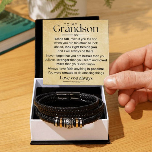 To My Grandson - You Are Braver, Stronger And Loved - Love You Forever Bracelet
