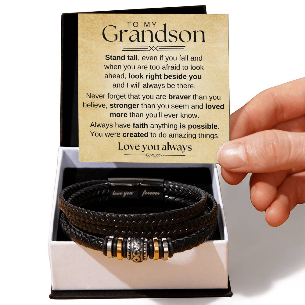 To My Grandson - You Are Braver, Stronger And Loved - Love You Forever Bracelet