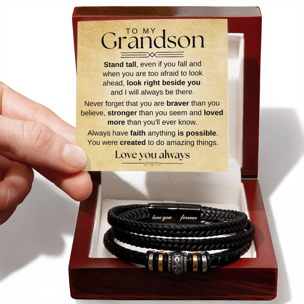 To My Grandson - You Are Braver, Stronger And Loved - Love You Forever Bracelet