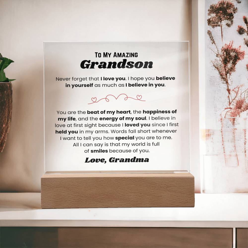 To My Amazing Grandson - My World - Square Acrylic Plaque with Lights