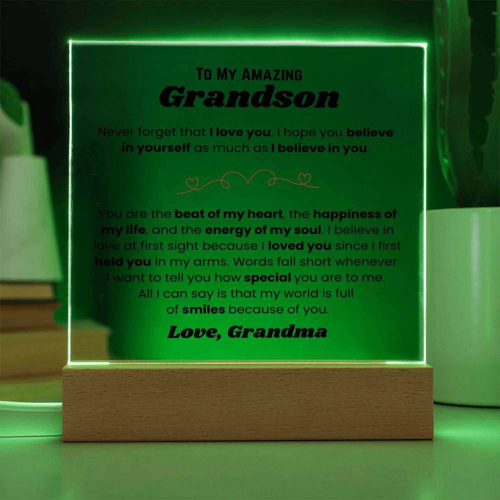 To My Amazing Grandson - My World - Square Acrylic Plaque with Lights