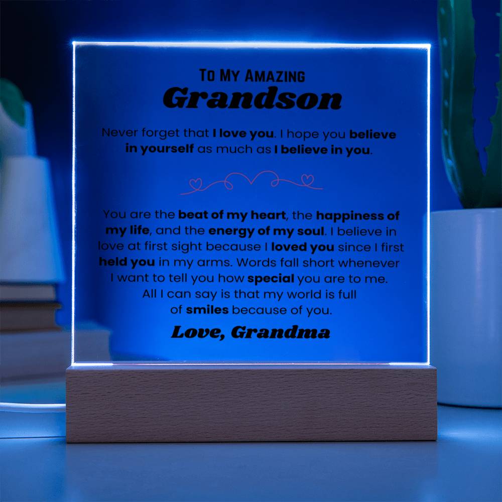 To My Amazing Grandson - My World - Square Acrylic Plaque with Lights