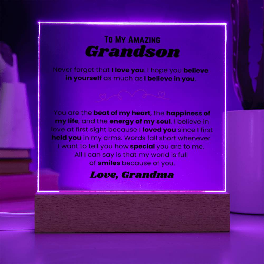 To My Amazing Grandson - My World - Square Acrylic Plaque with Lights