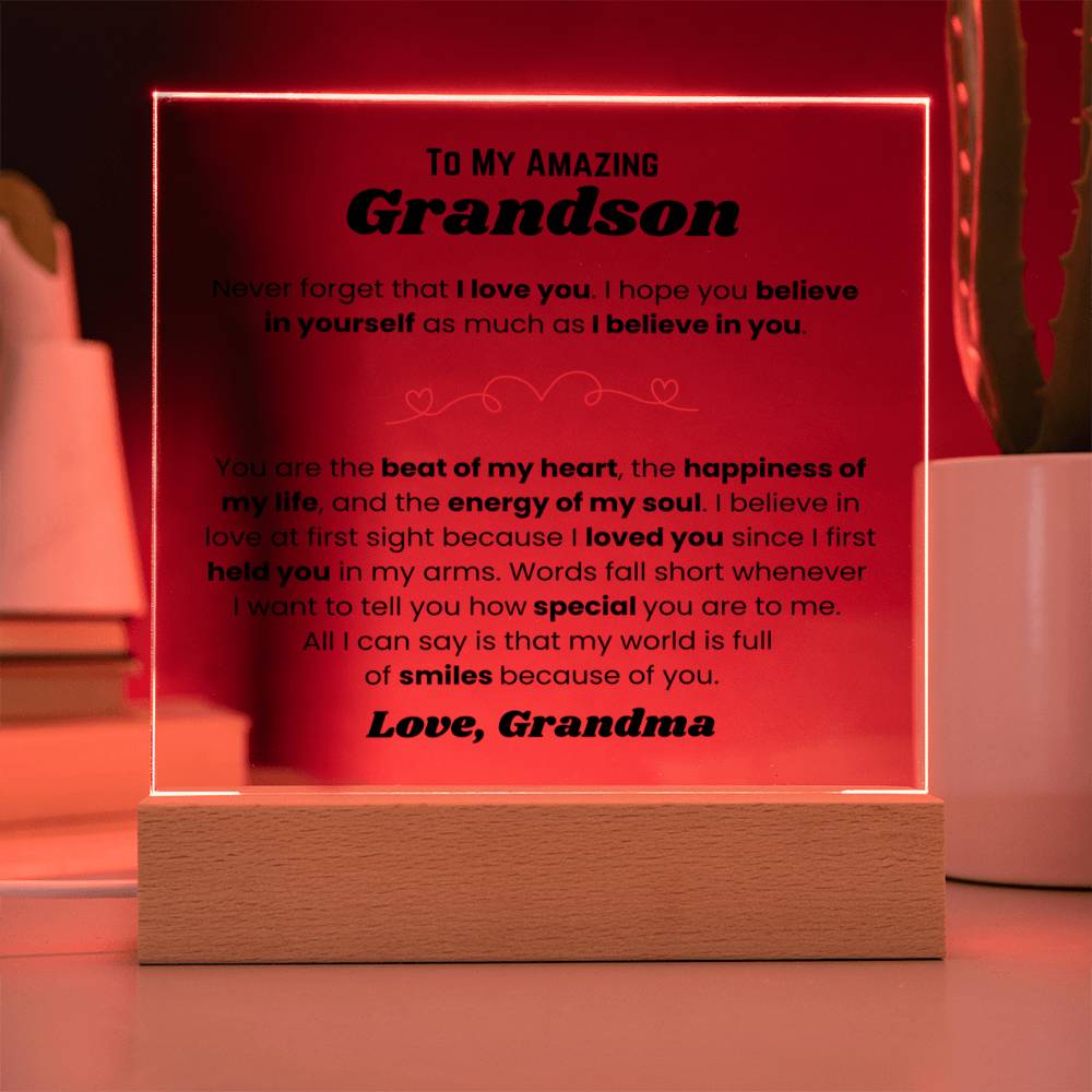 To My Amazing Grandson - My World - Square Acrylic Plaque with Lights